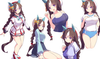 Rule 34 | 1girl, absurdres, animal ears, aqua sweater, beret, blue buruma, blue one-piece swimsuit, blue skirt, blush, bow, braid, breasts, brown hair, buruma, casual, closed mouth, commentary request, competition school swimsuit, ear covers, gym shirt, hat, highres, hokko tarumae (casual) (umamusume), hokko tarumae (star light ship) (umamusume), hokko tarumae (umamusume), horse ears, horse girl, horse tail, jacket, kanzakietc, long braid, long hair, looking at viewer, multicolored hair, multiple views, one-piece swimsuit, open mouth, puffy short sleeves, puffy sleeves, purple bow, purple eyes, purple shirt, sailor collar, sailor hat, sailor shirt, school swimsuit, school uniform, shirt, short sleeves, simple background, skirt, smile, striped bow, striped hair, sweater, swimsuit, tail, tracen school uniform, tracen swimsuit, twin braids, umamusume, white background, white hair, white hat, white jacket, white sailor collar, white shirt, white skirt