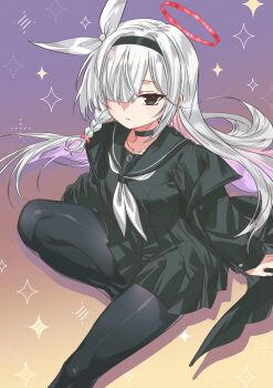 1girl absurdres arms_at_sides black_choker black_coat black_eyes black_hairband black_pantyhose black_sailor_collar black_serafuku black_shirt black_skirt blue_archive blunt_bangs bow braid choker closed_mouth coat colored_inner_hair commentary drop_shadow film_grain floating_hair foot_out_of_frame frown gradient_background hair_bow hair_over_one_eye hairband halo highres knee_up long_bangs long_hair long_sleeves looking_at_viewer miniskirt multicolored_hair namaniku_(user_nxxf7457) neckerchief one_eye_covered open_clothes open_coat pantyhose pink_hair plana_(blue_archive) pleated_skirt purple_background red_halo red_pupils sailor_collar school_uniform serafuku shirt simple_background single_braid sitting skirt solo sparkle thighs tsurime two-tone_hair very_long_hair white_bow white_hair white_neckerchief yellow_background