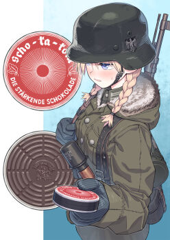 1girl blonde_hair blue_eyes blue_gloves blush bolt_action breasts canister chocolate combat_helmet drugs from_above gloves green_jacket gun gun_sling helmet highres holding jacket load_bearing_equipment long_sleeves mauser_98 medium_breasts original panzerschokolade parted_lips reichsadler rifle samaru_(seiga) short_twintails solo stahlhelm stick_grenade swastika sweatdrop twintails weapon wehrmacht