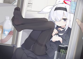 1boy 1girl :/ absurdres ass black_choker black_coat black_hairband black_panties black_pantyhose black_sailor_collar black_serafuku black_shirt black_skirt blue_archive blush bottle bow bright_pupils can chinese_commentary chocolate choker clenched_hands closed_mouth coat collarbone commentary_request drink_can dutch_angle energy_drink feet feet_together feet_up fingernails food full_body grey_eyes hair_between_eyes hair_bow hair_over_one_eye hair_ribbon hairband halo hands_up highres in_container in_refrigerator knees_up legs legs_up loli long_sleeves looking_at_viewer lying milk_bottle monster_energy neckerchief no_shoes on_back one_eye_covered open_clothes open_coat open_door panties panties_under_pantyhose pantyhose pink_pupils plana_(blue_archive) pleated_skirt pov pov_hands red_halo red_pupils redrawn refrigerator ribbon sailor_collar sailor_shirt sausage school_uniform serafuku shirt sidelocks skirt soles thighband_pantyhose thighs toes underwear water_bottle white_bow white_hair white_neckerchief yangge
