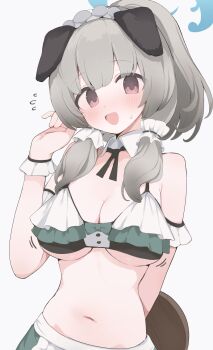 1girl animal_ears arm_behind_back bikini blue_archive blue_halo breasts cleavage commentary dog_ears dog_girl dog_tail flying_sweatdrops frilled_bikini frills grey_hair hair_over_shoulder halo hand_up highres hone_kawa large_breasts navel official_alternate_costume open_mouth purple_eyes revision ruffle_bikini simple_background solo swimsuit tail umika_(blue_archive) umika_(swimsuit)_(blue_archive) upper_body white_background