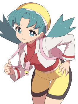 1girl backpack bag bike_shorts blue_eyes blue_hair breasts closed_mouth hat hiyoshipow jacket kris_(pokemon) leaning_forward long_hair long_sleeves looking_at_viewer medium_breasts midriff_peek nintendo open_clothes open_jacket pink_bag pokegear pokemon pokemon_gsc red_shirt shirt shorts simple_background smile twintails white_background white_jacket yellow_hat yellow_shorts