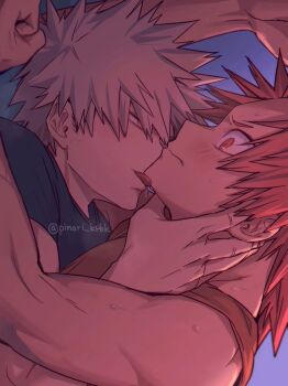 2boys bakugou_katsuki black_shirt blonde_hair blush boku_no_hero_academia boy_on_top closed_mouth commentary_request hand_on_another's_neck kirishima_eijiro licking_chin lying male_focus multiple_boys on_back red_eyes red_hair shirt short_hair spiked_hair sweat tank_top tsukota twitter_username