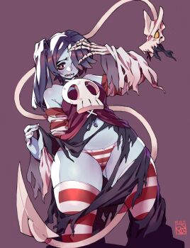 1girl arm_up armpit_crease artist_logo bare_shoulders blush breasts bright_pupils colored_skin commentary cowboy_shot dated detached_sleeves english_commentary gluteal_fold hair_over_one_eye hand_on_own_head hand_up leviathan_(skullgirls) logo long_hair long_sleeves looking_at_viewer midriff multicolored_thighhighs navel one_eye_covered paid_reward_available panties parted_lips poch4n purple_background purple_hair purple_nails purple_skin red_eyes red_panties red_sleeves red_thighhighs shirt side_ponytail simple_background skeletal_hand skull_ornament skullgirls small_breasts solo squigly_(skullgirls) stitched_mouth stitches striped_clothes striped_panties striped_sleeves striped_thighhighs thighhighs torn_clothes torn_panties torn_shirt torn_sleeves two-tone_panties two-tone_thighhighs underwear wavy_mouth white_panties white_pupils white_sleeves white_thighhighs zombie