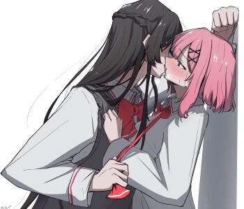2girls amaori_renako black_hair blush bow bowtie braid commentary french_kiss grey_sweater_vest half_up_braid hashtag-only_commentary highres kabedon kiss koto_satsuki long_hair medium_hair multiple_girls nobunaga_(nbng_g) pink_hair purple_eyes red_bow red_bowtie shirt sweater_vest watashi_ga_koibito_ni_nareru_wake_naijan_murimuri! white_shirt yuri