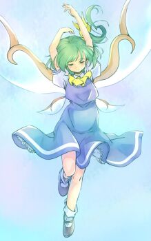 1girl arms_up ascot black_shoes blue_dress commentary_request daiyousei dress fairy fairy_wings from_side full_body green_eyes green_hair grey_socks hair_ribbon knees light_blush light_smile long_hair looking_down mary_janes one-hour_drawing_challenge rangycrow ribbon shirt shoes short_sleeves side_ponytail socks solo touhou white_shirt wings yellow_ascot yellow_ribbon