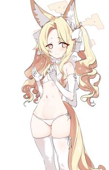 1girl absurdres alternate_costume alternate_hairstyle animal_ear_fluff animal_ears bare_shoulders bikini blonde_hair blue_archive blush closed_mouth cowboy_shot cross_halo elbow_gloves extra_ears fox_ears fox_girl fox_tail gloves gluteal_fold gradient_eyes halo hands_up highres kinbakuman loli long_hair long_sidelocks looking_at_viewer multicolored_eyes navel seia_(bikini)_(blue_archive) seia_(blue_archive) side-tie_bikini_bottom sidelocks simple_background smile solo split_mouth swimsuit tail thigh_gap thighhighs twintails very_long_hair very_long_tail white_background white_bikini white_gloves white_thighhighs yellow_eyes yellow_halo zettai_ryouiki