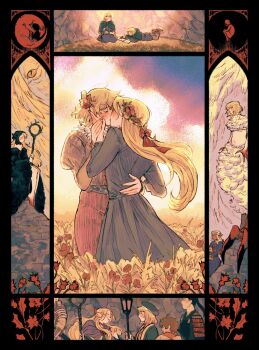 2boys 3boys 3girls aged_down armor black_dress black_hair blonde_hair blue_hat blush brown_hair capelet choker closed_eyes commentary dress dungeon_meshi elf falin_touden falin_touden_(chimera) falin_touden_(tallman) feathered_wings green_capelet grin hand_on_another's_face hat head_wreath highres holding holding_staff kiss laios_touden leaf long_hair marcille_donato marcille_donato_(lord) multiple_boys multiple_girls namari_(dungeon_meshi) pointy_ears red_choker red_dress short_hair shurou smile staff stickymaelk symbol-only_commentary thistle_(dungeon_meshi) wings yuri