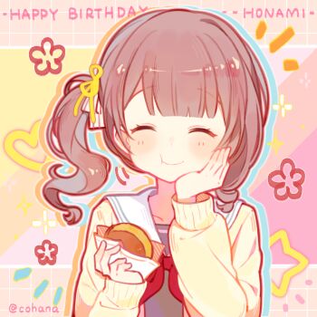 1girl :t ^_^ blunt_bangs brown_background brown_hair cardigan character_name chinese_commentary closed_eyes closed_mouth cohana commentary_request eating facing_viewer food grey_shirt grid_background hair_ribbon hand_on_own_cheek hand_on_own_face hands_up happy_birthday holding holding_food letterboxed long_sleeves medium_hair miyamasuzaka_girls&#039;_academy_school_uniform mochizuki_honami neckerchief notice_lines open_cardigan open_clothes outline outside_border project_sekai puffy_long_sleeves puffy_sleeves raised_eyebrows red_neckerchief ribbon sailor_collar school_uniform shirt side_ponytail simple_background single_sidelock smile solo sparkle star_(symbol) upper_body white_outline white_sailor_collar yellow_cardigan yellow_ribbon