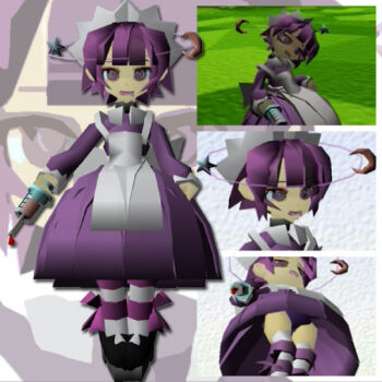 1girl 3d @_@ apron back_bow black_shoes blood bow dress drooling futaba_channel game_screenshot_background maid_apron maid_headdress moon nijiura_maids panties purple_dress purple_eyes purple_hair rakugaki_oukoku_2:_maou-jou_no_tatakai screenshot_background shoes short_hair simple_background sin_nosuke star_(symbol) striped_clothes striped_thighhighs syringe thighhighs third-party_source underwear yakui