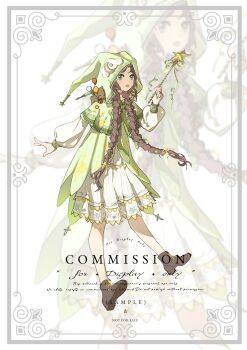 absurdres balloon boots braid brown_boots brown_hair chinese_commentary cloak commentary_request commission dot_nose dress floral_print green_cloak green_dress green_eyes hair_over_shoulder hair_ribbon happy highres holding holding_wand hood hood_up hooded_cloak infinity_nikki lace lace-trimmed_dress lace-up_boots lace_trim layered_dress long_hair long_sleeves looking_at_viewer medium_dress nikki_(series) open_mouth picture_frame plant pleated_dress print_cloak puffy_long_sleeves puffy_sleeves ribbon sample_watermark smile star_wand striped_clothes striped_dress stuffed_animal stuffed_toy stylist_(nikki) teddy_bear twin_braids vertical-striped_clothes vertical-striped_dress very_long_hair vines wand watermark white_background white_dress yellow_ribbon yubing_liuliu zoom_layer