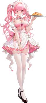 1girl anklet artist_request black_shoes bow bow_garter_belt bowtie bracelet breasts cleavage clothes_pull dress dress_pull food frilled_dress frilled_sleeves frills game_cg garter_belt hair_tie highres holding holding_plate hoshimiya_kana hoshimiya_kana_(oath) jewelry large_breasts long_hair looking_at_viewer maid_headdress multicolored_dress non-web_source official_alternate_costume official_art omelet omurice pink_dress pink_eyes pink_hair plate poker_fate pulling_own_clothes shoes short_sleeves sideboob skindentation smile solo thighhighs transparent_background twintails waitress white_bow white_bowtie white_garter_belt white_thighhighs zettai_ryouiki