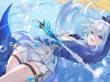 1girl absurdres ascot black_gloves blue_ascot blue_eyes blue_gemstone blue_hair blue_jacket drop-shaped_pupils furina_(genshin_impact) gem genshin_impact gloves hair_between_eyes heterochromia highres holding holding_sword holding_weapon hydrokinesis jacket kodokunogotoku long_sleeves looking_at_viewer multicolored_hair open_mouth shorts solo streaked_hair sword symbol-shaped_pupils thigh_strap water weapon white_hair white_shorts