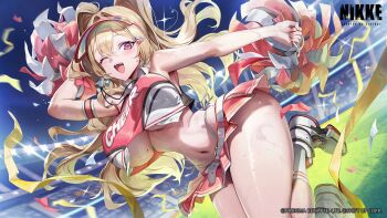 Rule 34 | 1girl, ;d, bare shoulders, belt, belt buckle, blonde hair, breasts, buckle, cheerleader, clay (nikke), confetti, copyright name, crop top, field, gesoking, goddess of victory: nikke, hair ornament, hairclip, highres, holding, holding pom poms, large breasts, long hair, looking at viewer, miniskirt, mole, mole on breast, navel, night, official art, one eye closed, open mouth, pink eyes, pink nails, pleated skirt, pom pom (cheerleading), pom poms, shoes, skirt, smile, sneakers, socks, solo, stadium, stomach, sweat, teeth, thick thighs, thighs, underboob, upper teeth only, visor cap, white belt, white socks