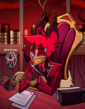 alastor_(hazbin_hotel) cityscape claws commentary cuffs english_commentary formal_clothes grin hazbin_hotel hellaverse highres horns leaning_on_table looking_at_viewer microphone radio red_eyes red_hair reminoaa sharp_teeth sitting smile suit teeth