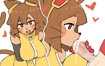 1girl absurdres animal_ears animal_nose breasts brown_hair cat_ears cat_girl cat_tail cum cum_in_mouth dress fellatio furry furry_female furry_with_non-furry gameoverse gauntlets goggles goggles_on_head hetero highres interspecies kit_bodega large_breasts lunatheri oral red_eyes tail whiskers yellow_dress yellow_gauntlets