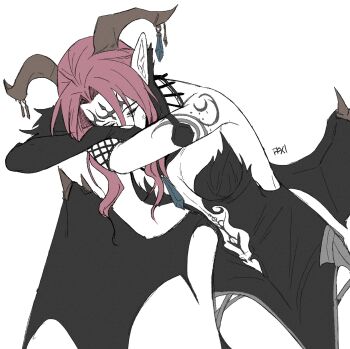 1girl black_dress black_gloves body_markings breasts cleavage commentary copyright_name cow crossed_arms demon_girl demon_wings dress elbow_gloves english_commentary facial_mark final_fantasy final_fantasy_xi garbage_paper gloves head_on_arm highres horns lady_lilith long_hair medium_breasts parted_bangs pelvic_curtain pink_hair plunging_neckline pointy_ears sidelocks single_elbow_glove single_fishnet_armwear solo white_background wings