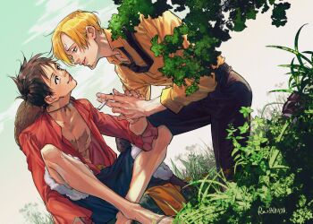 2boys black_necktie black_pants blonde_hair blue_shorts brown_hair cigarette collared_shirt commentary cross_scar curly_eyebrows dated english_commentary facial_hair fur-trimmed_shorts fur_trim hat_on_back highres holding holding_cigarette holding_hands indian_style looking_at_another male_focus monkey_d._luffy multiple_boys necktie necktie_over_shoulder on_one_knee one_piece outdoors pants parted_bangs red_shirt row056 sanji_(one_piece) scar scar_on_chest shirt short_hair shorts sitting smile smoking yaoi yellow_shirt