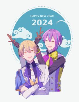 Rule 34 | 2024, 2boys, antlers, asymmetrical sidelocks, black gloves, blonde hair, blue hair, closed eyes, cloud, collared shirt, commentary, crossed arms, double-parted bangs, facing viewer, ganada 404, gloves, hair between eyes, happy new year, highres, holding, horns, kamishiro rui, long sleeves, male focus, multicolored hair, multiple boys, new year, open mouth, orange eyes, project sekai, purple hair, shirt, short hair, sidelocks, smile, star (symbol), streaked hair, tenma tsukasa, two-tone hair, upper body