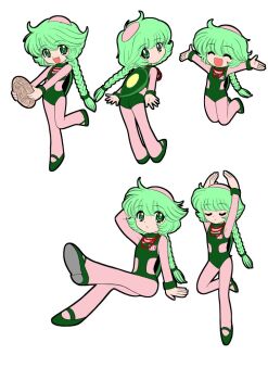 Rule 34 | 1girl, ^ ^, arm up, arms up, azukiarai (guruguru medaman), balding, bodysuit, bodysuit under clothes, braid, braided ponytail, closed eyes, closed mouth, commentary request, fang, green eyes, green hair, green leotard, green shoes, guruguru medaman, happy, holding, holding plate, jewelry, jumping, leotard, long hair, looking at viewer, looking back, multiple views, necklace, okano takeshi, open mouth, pearl necklace, pink bodysuit, plate, shoes, simple background, single braid, sitting, smile, standing, standing on one leg, traditional youkai, white background, wooden plate