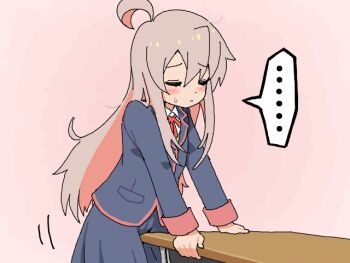 ... 1girl ahoge blush closed_eyes crokase crotch_rub desk female_focus female_masturbation genderswap genderswap_(mtf) loli long_hair masturbation neck_ribbon onii-chan_wa_oshimai! oyama_mahiro pink_background red_ribbon ribbon school_uniform skirt solo speech_bubble standing table_humping through_clothes yotsuba_university_affiliated_junior_high_school_uniform