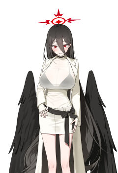 Rule 34 | 1girl, absurdres, alternate costume, b1026, black bow, black bra, black choker, black hair, black wings, blue archive, blush, bow, bra, bra visible through clothes, breasts, choker, coat, feathered wings, feet out of frame, hair between eyes, halo, hashtag-only commentary, hasumi (blue archive), highres, huge breasts, long hair, long hair between eyes, long sleeves, looking at viewer, loosely tucked bangs, low wings, mole, mole under eye, open clothes, open coat, oversized wings, pencil skirt, red eyes, red halo, see-through clothes, see-through shirt, shirt, simple background, skirt, sleeves past wrists, small sweatdrop, solo, trench coat, underwear, very long hair, white background, white coat, white skirt, wings