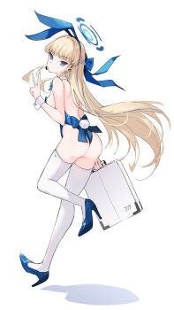 1girl animal_ears aqua_bow aqua_bowtie ass backless_leotard backless_outfit blonde_hair blue_archive blue_bow blue_eyes blue_footwear blue_leotard bow bowtie breasts briefcase closed_mouth commentary detached_collar dress earpiece earrings expressionless fake_animal_ears fake_tail hair_bow halo hand_up high_heels highres holding holding_briefcase jewelry leg_up leotard long_hair looking_at_viewer medium_breasts official_alternate_costume playboy_bunny profnote rabbit_ears rabbit_tail simple_background single_earring solo strapless strapless_leotard tail thong_leotard toki_(blue_archive) toki_(bunny)_(blue_archive) v very_long_hair white_wrist_cuffs wrist_cuffs
