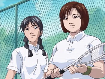 00s 2002 2girls animated animated_gif ankle_hold bible_black bible_black_gaiden braid braided_twintails breasts brown_hair chubby_body chubby_cheeks collared_shirt freckles large_breasts medium_breasts multiple_girls polo_shirt racket shirt short_sleeves smirk sportswear tagme tennis tennis_court tennis_racket tennis_uniform wristband