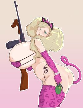 1girl absurdres animal_ears areola_slip ass bikini blonde_hair blue_eyes breasts cat_ears covered_erect_nipples curvy elbow_gloves explosive female_focus from_side gibberish_(gibbergerm) gloves grenade gun highres huge_ass huge_breasts long_hair looking_at_viewer persona persona_5 simple_background skindentation solo swimsuit tail takamaki_anne thick_thighs thighhighs thighs tommy_gun tongue tongue_out twintails weapon
