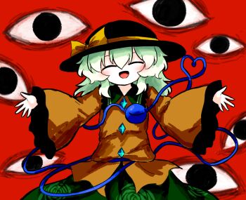 1girl black_hat buttons closed_eyes commentary_request diamond_button eyeball floral_print frilled_shirt_collar frilled_sleeves frills green_hair green_skirt hat hat_ribbon heart heart_of_string heripantomorrow komeiji_koishi ribbon rose_print shirt skirt smile solo third_eye too_many_eyes touhou wide_sleeves yellow_ribbon yellow_shirt