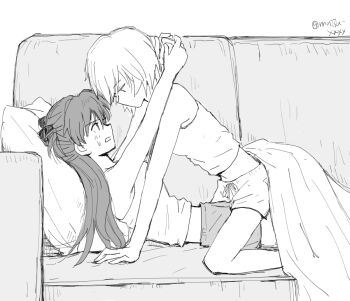 2girls ayanami_rei blush couch girl_on_top head_on_pillow holding holding_phone long_hair multiple_girls mutsu_(layergreen) neon_genesis_evangelion on_couch phone pillow short_hair shorts simple_background sketch souryuu_asuka_langley sweatdrop tank_top twitter_username under_covers white_background yuri