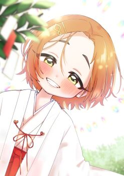 Rule 34 | 1girl, blurry, blurry foreground, blush, chihaya (clothing), commentary request, depth of field, grin, head tilt, highres, idolmaster, idolmaster cinderella girls, japanese clothes, kimono, looking at viewer, nya65, orange hair, outdoors, ryuzaki kaoru, short hair, smile, solo, tanzaku, yellow eyes