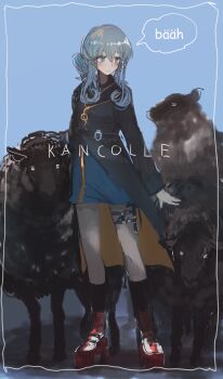 1girl animal black_jacket blue_eyes blue_hair blue_skirt blush boots copyright_name custom_(cus-tom) gloves gotland_(kancolle) hair_between_eyes jacket kantai_collection kneehighs long_sleeves mole mole_under_eye parted_lips red_boots rudder_footwear sheep sidelocks simple_background skirt socks solo speech_bubble standing thigh_strap white_gloves