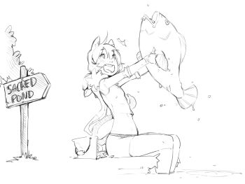 1girl animal_ears breasts cat_ears cat_girl cat_tail faustsketcher fish fishing highres monochrome nathy panties petite short_hair sketch small_breasts smile tail tank_top thighs underwear