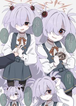 +++ 1girl 1other absurdres blue_archive brown_eyes brown_halo commentary_request drink flask grey_background grey_hair hair_over_one_eye halo highres holding holding_flask kanoe_(blue_archive) long_hair long_sleeves looking_at_viewer multiple_views out_of_frame pantyhose partially_shaded_face sensei_(blue_archive) shirt simple_background smile tonkotsu_frappuccino translation_request two_side_up white_shirt