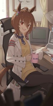 1girl agnes_tachyon_(tach-nology)_(umamusume) agnes_tachyon_(umamusume) ahoge alternate_costume animal_ears black_pantyhose brown_hair chair coffee_mug cup hair_between_eyes hair_ornament highres holding holding_cup horse_ears horse_girl horse_tail lab_coat long_sleeves looking_at_viewer medium_hair mug necktie open_mouth pantyhose profnote red_eyes shirt short_hair short_necktie sitting smile solo sweater sweater_vest tail teeth umamusume upper_teeth_only yellow_sweater yellow_sweater_vest