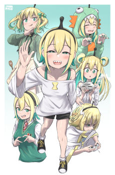 6+girls :d :o ^_^ amano_pikamee amano_pikamee_(1st_costume) amano_pikamee_(dinosaur_hoodie) amano_pikamee_(isekai) amano_pikamee_(isekai_monster) antennae aqua_eyes aqua_hair aqua_nails aqua_vest artist_name black_hairband black_shoes black_shorts blonde_hair blush border bright_pupils claw_pose closed_eyes colored_inner_hair commentary controller dinosaur_costume double_bun drawstring dress english_commentary green_dress green_hoodie hair_bun hairband half-closed_eyes holding holding_controller hood hoodie kettle looking_at_viewer looking_down multicolored_hair multiple_girls necktie nyaxxy off-shoulder_shirt off_shoulder open_mouth red_necktie sharp_teeth shirt shoes short_hair shorts smile sneakers spatula steam teeth tomoe_(amano_pikamee) vest virtual_youtuber voms white_border white_pupils white_shirt