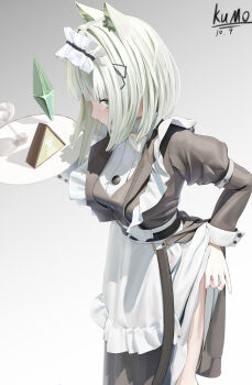 1girl absurdres animal_ear_fluff animal_ears apron arknights black_dress bow bowtie cat_ears closed_mouth dress frills green_eyes hand_on_own_hip highres holding holding_plate juliet_sleeves kal&#039;tsit_(arknights) kal&#039;tsit_(the_remains_of_time)_(arknights) long_sleeves looking_at_viewer maid maid_apron maid_headdress official_alternate_costume plate puffy_sleeves shirt short_hair solo user_ykxe8585 white_apron white_bow white_bowtie white_hair white_shirt