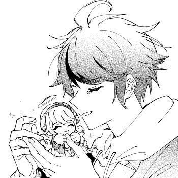 Rule 34 | 1boy, 1girl, angel, angel wings, chibi, chokokokyuchoko, closed eyes, commentary, couple, english commentary, greyscale, hair between eyes, hair ornament, hairclip, halo, headband, hetero, highres, holding, holding chibi, hood, hoodie, jacket, kirifuji nozomi, monochrome, multiple hair clips, skirt, smile, sparkle, sumino takumi, tearing up, tears, the hundred line -last defense academy-, wings