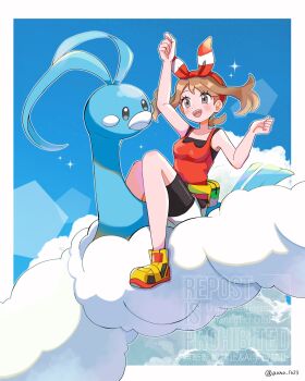 1girl altaria bandana bare_shoulders beak bike_shorts bike_shorts_under_shorts bird blue_eyes blush bow_hairband breasts brown_hair cloud cloudy_sky fanny_pack feathers fluffy flying gen_3_pokemon hairband highres may_(pokemon) medium_breasts nemui_o23 nintendo open_mouth pokemon pokemon_(creature) pokemon_oras red_shirt shirt short_hair shorts shorts_under_shorts sky sleeveless smile teeth upper_teeth_only white_feathers wings