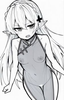 1girl alternate_costume arknights bare_arms bare_shoulders blush breasts china_dress chinese_clothes collarbone commentary_request cowboy_shot dress fang female_pubic_hair greyscale groin hair_between_eyes hair_ornament highres long_hair looking_at_viewer makigirisu medium_breasts monochrome naked_dress navel nipples open_mouth pelvic_curtain pointy_ears pubic_hair see-through_clothes see-through_dress side_slit simple_background sleeveless sleeveless_dress solo standing sweatdrop thigh_gap warfarin_(arknights) white_background