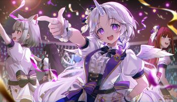 5girls :d absurdres akane_lize arahashi_tabi ayatsuno_yuni black_bow black_bowtie blush bow bowtie center_frills character_request collared_shirt commentary confetti feathered_wings frills grey_hair highres ika_(4801055) long_hair looking_at_viewer multicolored_hair multiple_girls neneko_mashiro open_mouth outstretched_arm parted_bangs pointing purple_bow purple_eyes red_hair shirt short_hair short_sleeves sidelocks smile stage stellive streaked_hair striped_bow striped_bowtie striped_clothes two-tone_bow unicorn_horn upper_body virtual_youtuber waist_bow white_bow white_shirt white_wings wings