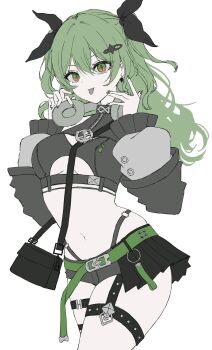 1girl black_shorts breasts clothing_cutout commentary_request crop_top detached_sleeves green_hair green_nails headphones headphones_around_neck highres honkai_(series) honkai_impact_3rd long_hair looking_at_viewer lopolopo_sub medium_breasts micro_shorts mobius_(honkai_impact) mobius_(razer)_(honkai_impact) navel official_alternate_costume official_alternate_hairstyle shorts simple_background slit_pupils solo stomach thighs tongue tongue_out twintails underboob_cutout very_long_hair white_background