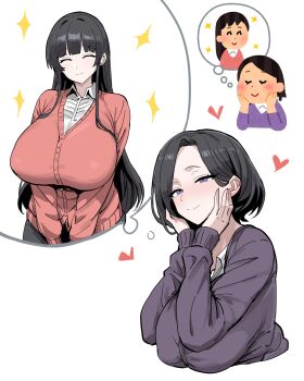 2girls absurdres black_hair breasts cardigan closed_eyes closed_mouth collared_shirt cropped_torso hands_on_own_cheeks hands_on_own_face heart highres huge_breasts imagining irasutoya irasutoya_challenge long_hair long_sleeves multiple_girls pink_cardigan purple_cardigan purple_eyes reference_inset shirt short_hair simple_background smile sparkle speech_bubble thought_bubble white_background white_shirt xipa