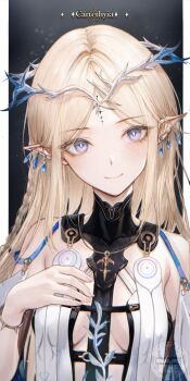 1girl absurdres bare_shoulders black_background black_collar blonde_hair blue_eyes border breasts cartethyia_(wuthering_waves) character_name closed_mouth collar commentary crown_of_thorns earrings fingernails hand_on_own_chest highres jewelry long_hair looking_at_viewer necklace parted_bangs pillarboxed pointy_ears portrait renoahh revision sidelocks small_breasts smile solo tacet_mark_(wuthering_waves) upper_body white_border wuthering_waves