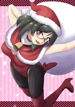 Rule 34 | 1girl, alternate costume, bell, black eyes, black hair, black pantyhose, boots, breasts, capelet, commentary request, fur-trimmed capelet, fur trim, glasses, hat, highres, kantai collection, kirishima (kancolle), leotard, medium breasts, nekotarou (nktr299), pantyhose, pink background, red-framed eyewear, red boots, red capelet, red hat, red leotard, santa hat, short hair, smile, solo, striped background, thigh boots