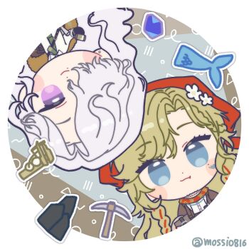 Rule 34 | 2girls, :3, blonde hair, blue eyes, blue gemstone, brown coat, brown jacket, chibi, closed mouth, coat, commentary request, fang, fang out, fish, fur-trimmed coat, fur trim, gem, green necktie, grey background, hair over one eye, headscarf, highres, jacket, korean commentary, long hair, looking at viewer, mole, mole under eye, mole under mouth, mossi (mossi0816), multiple girls, necktie, one eye covered, pickaxe, purple eyes, red headscarf, red scarf, reverse:1999, rock, rotational symmetry, round image, ruler, scarf, shirt, smile, twitter username, upper body, upside-down, vila (reverse:1999), white shirt, windsong (reverse:1999)