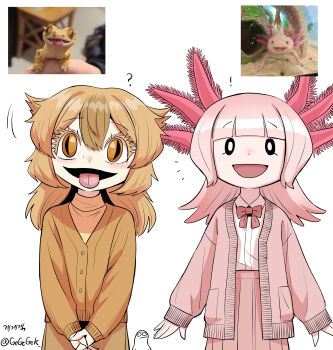 ! 2girls :d ? absurdres artist_name artist_self-insert axolotl axolotl_ears axolotl_girl blunt_bangs bow bowtie bright_pupils brown_cardigan buttons cardigan colored_eyelashes commentary cowboy_shot creature_and_personification english_commentary gecko gegegekman hair_between_eyes hair_flaps highres long_sleeves mole mole_on_nose multicolored_hair multiple_girls open_cardigan open_clothes open_mouth original own_hands_together personification photo_inset pink_bow pink_bowtie pink_cardigan pink_hair pink_skirt pleated_skirt reference_inset reptile_girl shirt sidelocks simple_background skirt slit_pupils smile tongue tongue_out turtleneck twitter_username two-tone_hair white_background white_pupils white_shirt