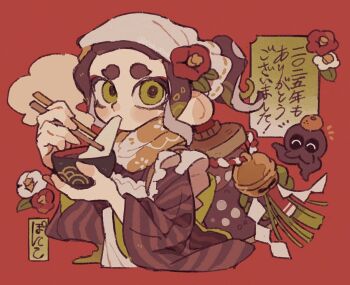 1girl bowl chopsticks commentary_request eating flower food food_in_mouth furrowed_brow green_eyes green_hair hair_flower hair_ornament holding holding_bowl holding_chopsticks japanese_clothes kimono long_sleeves looking_at_viewer mochi mochi_trail multicolored_hair nintendo octoling octoling_(swim_form) octoling_girl octoling_player_character p0m4_p0m4 parted_bangs ponytail purple_hair purple_kimono red_background red_flower scarf shiruko_(food) short_hair short_ponytail simple_background solo splatoon_(series) tentacle_hair tenugui thick_eyebrows translation_request white_scarf wide_sleeves