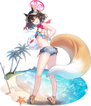 1girl animal_ear_fluff animal_ears ball bare_shoulders beach beachball bikini bikini_under_clothes blue_archive blue_shorts blush bottle brown_eyes brown_hair colored_inner_animal_ears fang fox_ears fox_girl fox_shadow_puppet fox_tail from_behind frown full_body game_asset halo hanekoto hat highleg highleg_bikini highres holding holding_ball holding_beachball holding_bottle izuna_(blue_archive) izuna_(swimsuit)_(blue_archive) large_variant_set leaning_forward legs looking_at_viewer looking_back medium_hair micro_shorts official_alternate_costume official_art open_mouth outdoors pink_halo raised_inner_eyebrows ramune sandals scarf shorts side_ponytail smile solo string_bikini sweatdrop swimsuit tachi-e tail third-party_source toes torn_clothes torn_shorts variant_set yellow_eyes